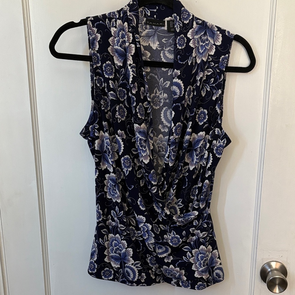 Floral Sleeveless Top - Blue and White